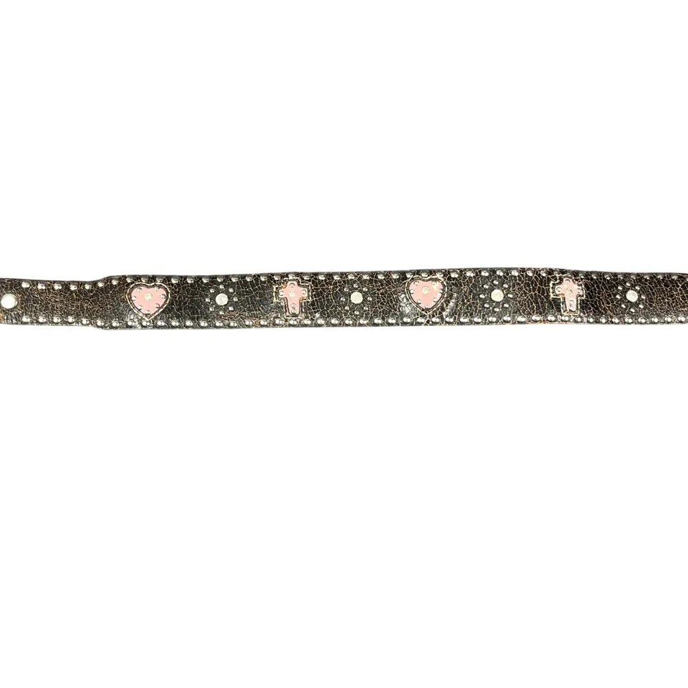 Nocona Belt Co Girls Brown Leather Studded Pink Heart Cross Belt Strap Size 20